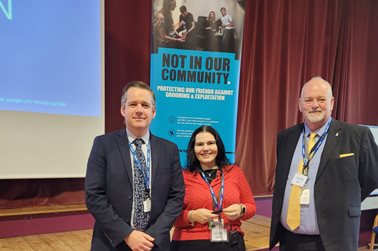 PCC Jonathan Evison (R) with Headteacher Damien Keogh and Kelly Wilson from Not In Our Community 